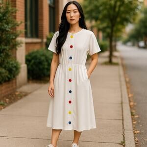 Vintage 90s White Cotton Dress with Rainbow Button Detail